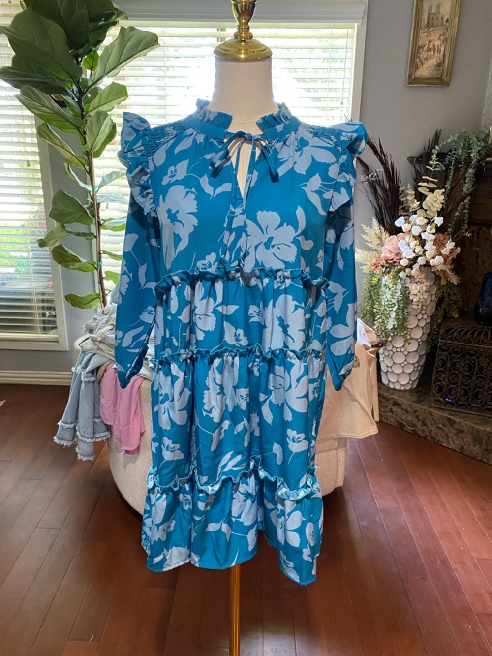 Blue Floral Tiered Ruffle Dress Umgee